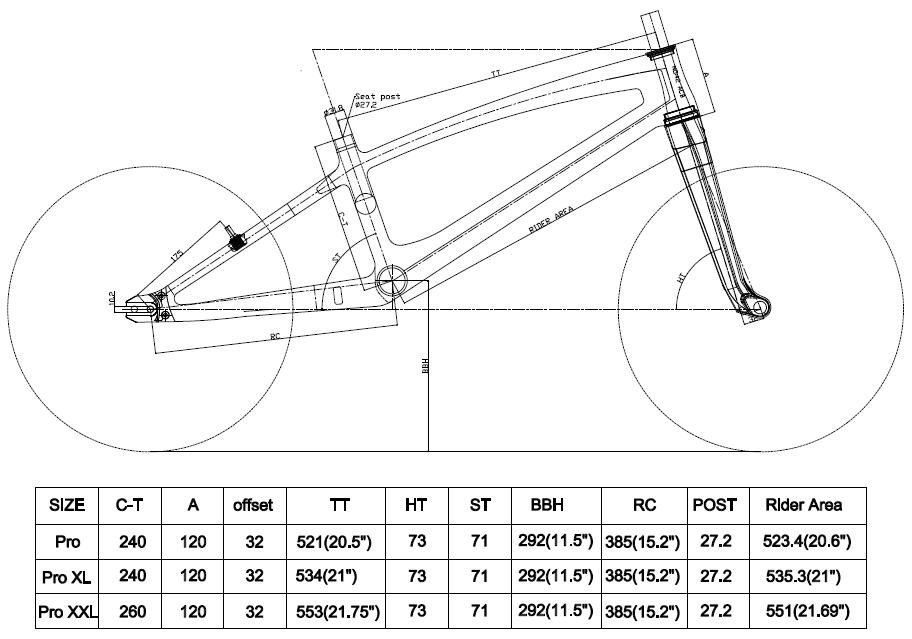 carbon bmx frame geometry and size table chart