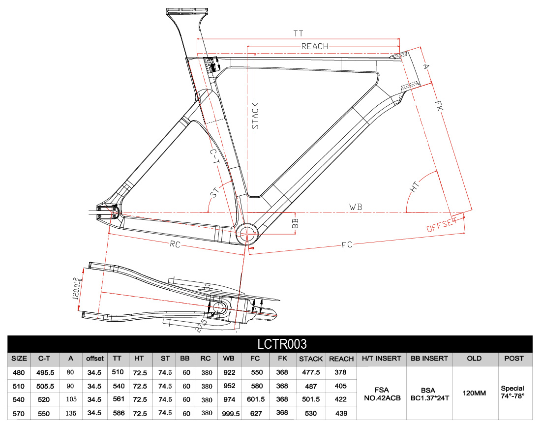Carbon-Bahn-Fahrradrahmen LCTR003-Geometrie